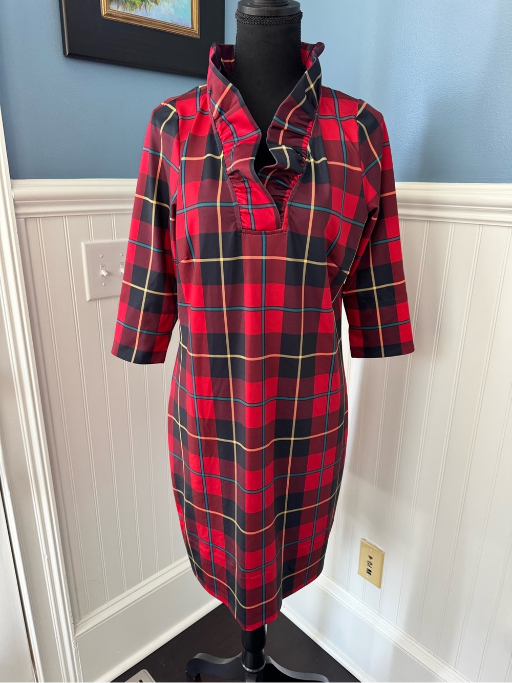 GRETCHEN SCOTT RUFF NECK DRESS - PLAIDLY COOPER - RED PLAID -Size Large ❤️ - Picture 4 of 8